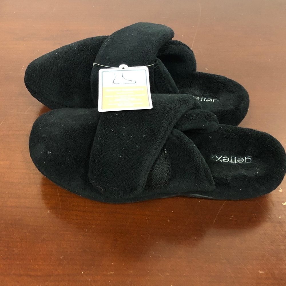 Aetrex Mandy Black Faux Fur Velcro Cross-Band Slide Slippers Sz 7.5-8